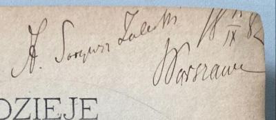 - (Zaleski,  A.), Von Hand: Name; 'A. [Sergiusz?] Zaleski 18 15[?]/IX 82 Warszaw[e?]'. 