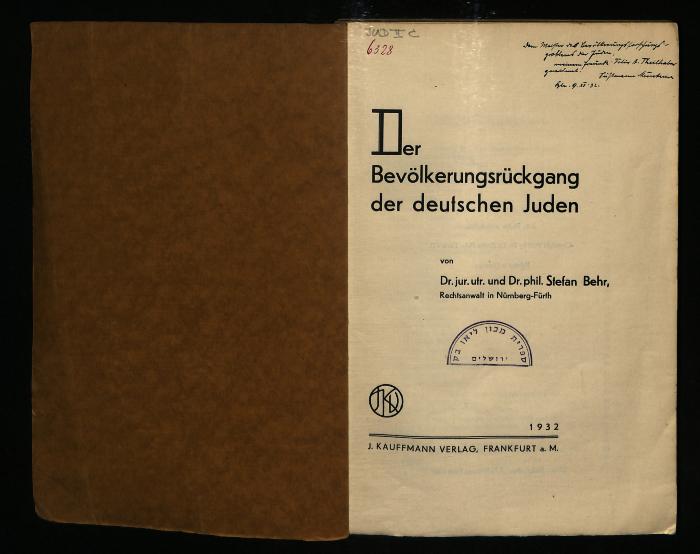 JUD II C 6325 : Der Bevölkerungsrückgang der deutschen Juden
 (1932)