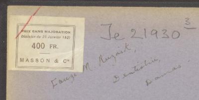 - (Rozeik, Fanzi Mussad), Von Hand: Name; 'Fanzi M. Ruzaik
Dentistrie, Damas.'. 