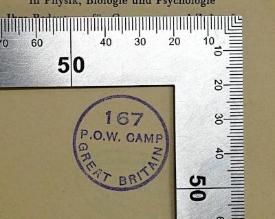 SA 2034&lt;2&gt; : Abendländische Wandlung. Abriß der Ergebnisse moderner Forschung in Physik, Biologie und Psychologie (1945);- (P. O. W. Camp Great Britain), Stempel: Berufsangabe/Titel/Branche; '167 P. O. W. Camp Great Britain'. 