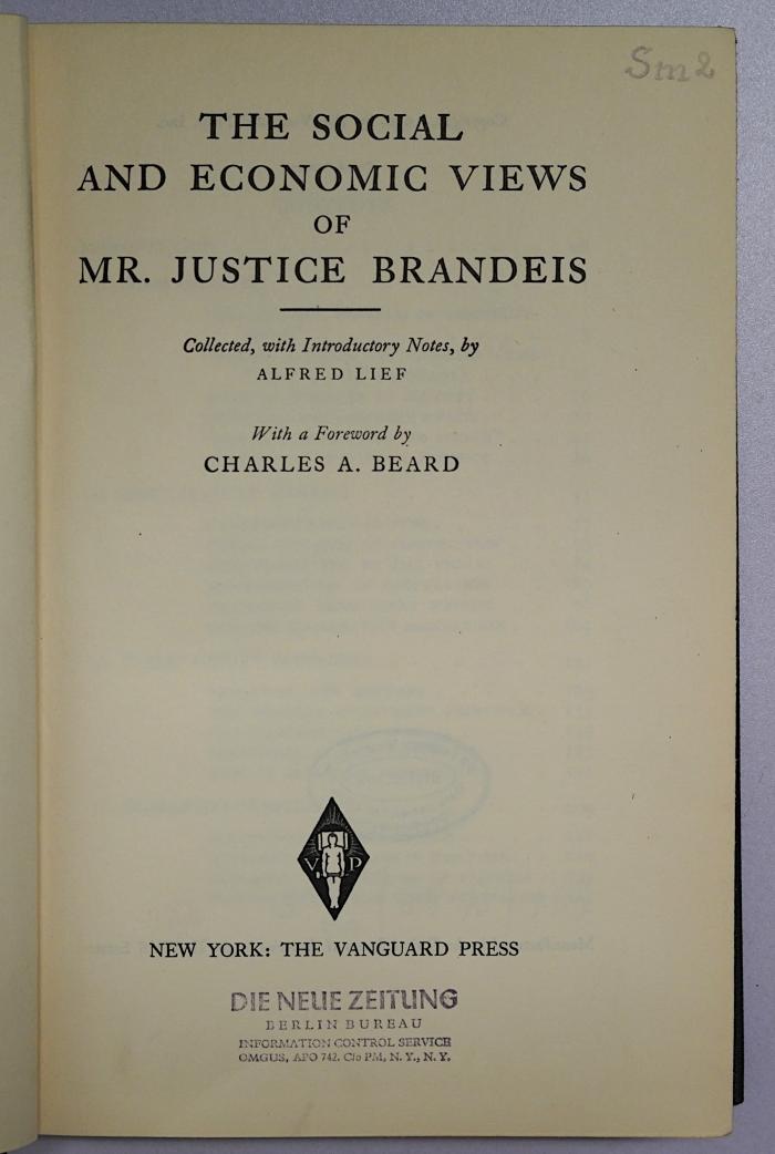 SA 1879 : The Social And Economic Views of Mr. Justice Brandeis (1930)