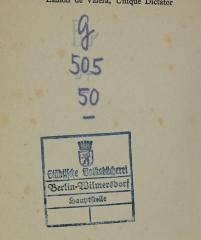 - (Städtische Volksbücherei Berlin Wilmersdorf), Stempel: Berufsangabe/Titel/Branche, Ortsangabe, Emblem, Signatur; 'G 505 50
Städtische Volksbücherei Berlin-Wilmersdorf Hauptstelle'.  (Prototyp)