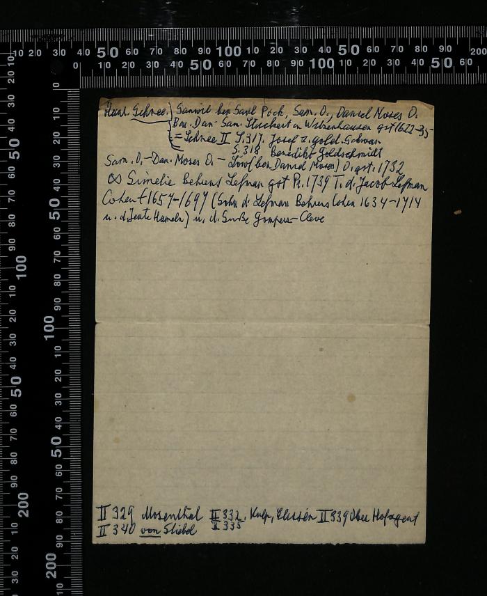 -, Von Hand: Notiz; 'Heinr. Schnee: Samuel ben Saul Puck, Sam. D., Daniel Moses D.
Bau, Dan. Sam. Stockart in Witzenhausen geb. 1622–33
= Schnee II 331; Josef z. gebel. Sohn
Sam. D. – Dan. Moses D. s. 318 Bankier + Goldschmidt
Löwenber Daniel Moses D. gest. 1732
∞ Suriele Behrens Leffmann gest. Pr. 1739 T.d. Jacob Leffmann
Cohen 1654–1694 (Sohn des Leffmann Behrens Cohen 1634–1714
u. d. Jetat Handel) u. d. Saml. Gompes – Cerva
II 329 Rosenthal II 330 von Stiebel II 332, Kupr. Elsässer II 333
II 335 II 339 über Hofagent'