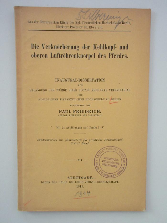  Die Verknöcherung der Kehlkopf- und oberen Luftröhrenknorpel des Pferdes (1915)