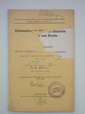  Untersuchungen über den Zahnstein beim Pferde und Hunde (1914)