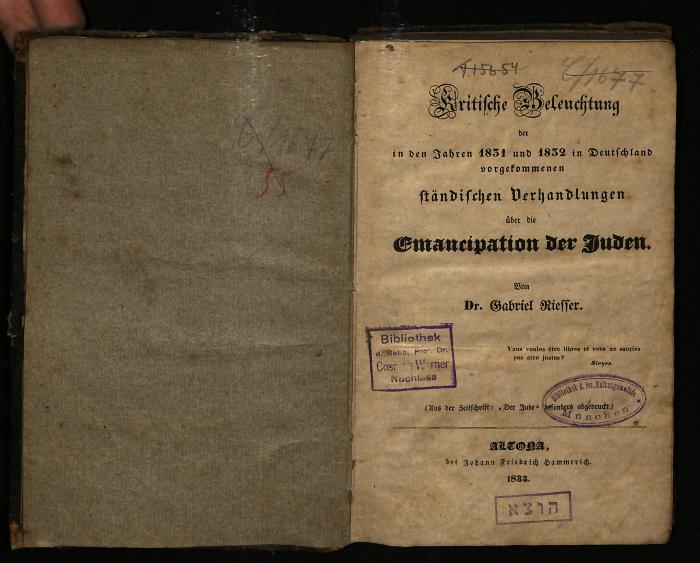 JUD II C 1911 : Kritische Beleuchtung der in den Jahren 1831 und 1832 in Deutschland vorgenommenen ständischen Verhandlungen über die Emancipation der Juden (1833)