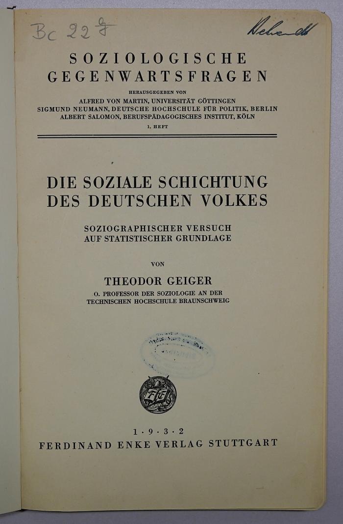 Bc 22g : Die soziale Schichtung des deutschen Volkes (1932)
