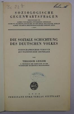 Bc 22g : Die soziale Schichtung des deutschen Volkes (1932)