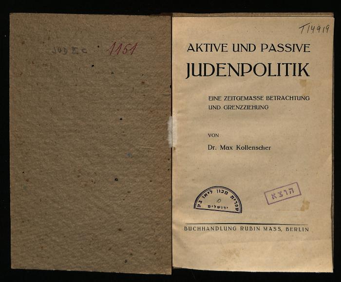 JUD II C 1151 : Aktive und passive Judenpolitik. Eine zeitgemässe Betrachtung und Grenzziehung (1932)