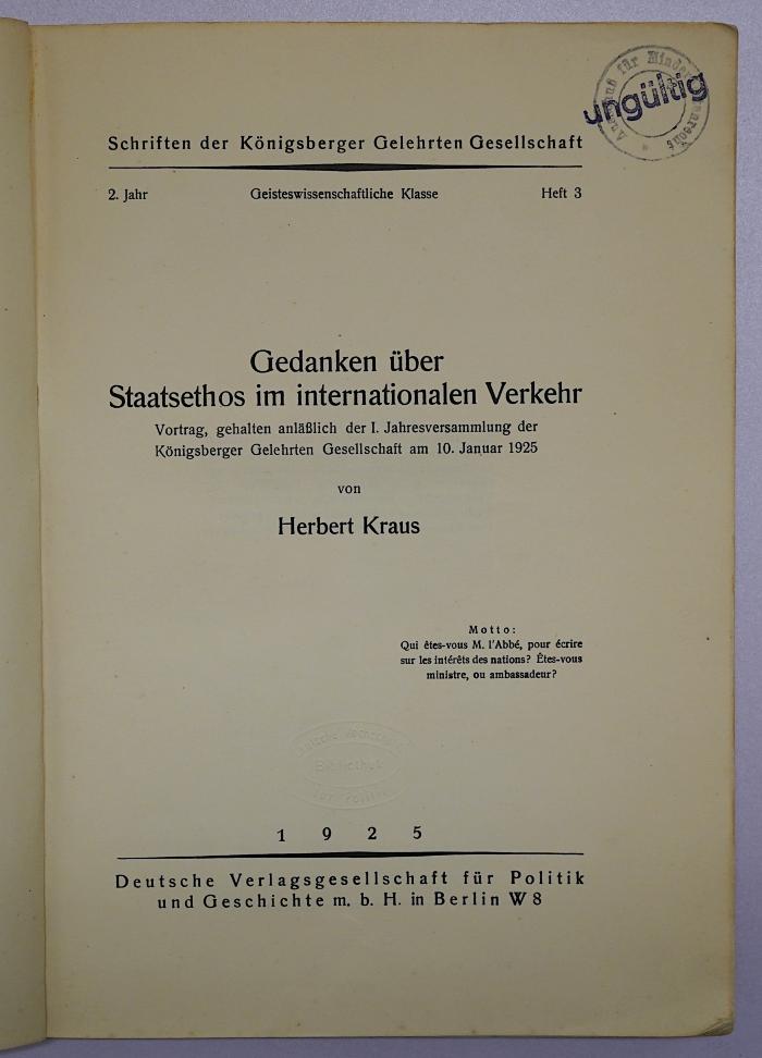 Bc 95 : Gedanken über Staatsethos im internationalen Verkehr (1925)
