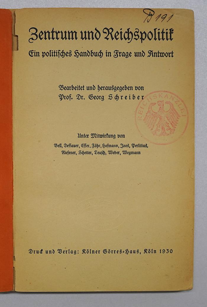 Bc 34 : Zentrum und Reichspolitik (1930)