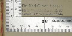 - (von Loesch, Karl Christian;Institut für Grenz- und Auslandsstudien (Berlin)), Stempel: Name, Ortsangabe; 'Dr. Karl C. von Loesch Berlin, Wittelsbacher Straße 22 Fernruf: H 7 Wilmersdorf 6244'. 