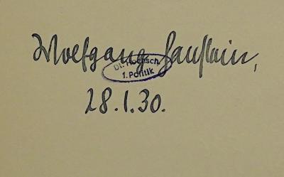 Bc 240 : Die Finanz-Reform (1929);- (Hanstein, Wolfgang), Von Hand: Autogramm, Name, Datum; 'Wolfgang Hanstein, 28.1.30.'. 