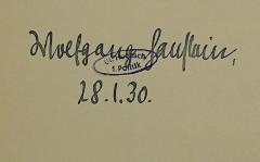 - (Hanstein, Wolfgang), Von Hand: Autogramm, Name, Datum; 'Wolfgang Hanstein, 28.1.30.'. 