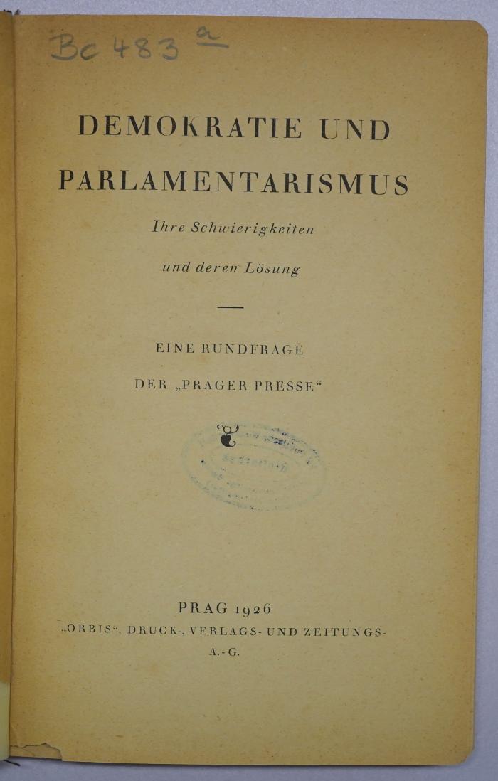 Bc 483a : Demokratie und Parlamentarismus (1926)