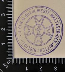 - (Bibliothek der Genossenschaft der Rheinisch-Westfälischen Malteser-Devotionsritter), Stempel: Name, Wappen, ; 'Bibliothek d. Gen. d. Rhein. Westf. Malteser-Dev.-Ritter'. 