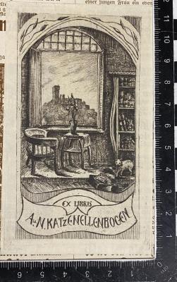- (Katzenellenbogen, Albert;Katzenellenbogen, Cornelia (gen. Nelly)), Etikett: Exlibris; 'Ex Libris A. u. N. Katzenellenbogen'.  (Prototyp)