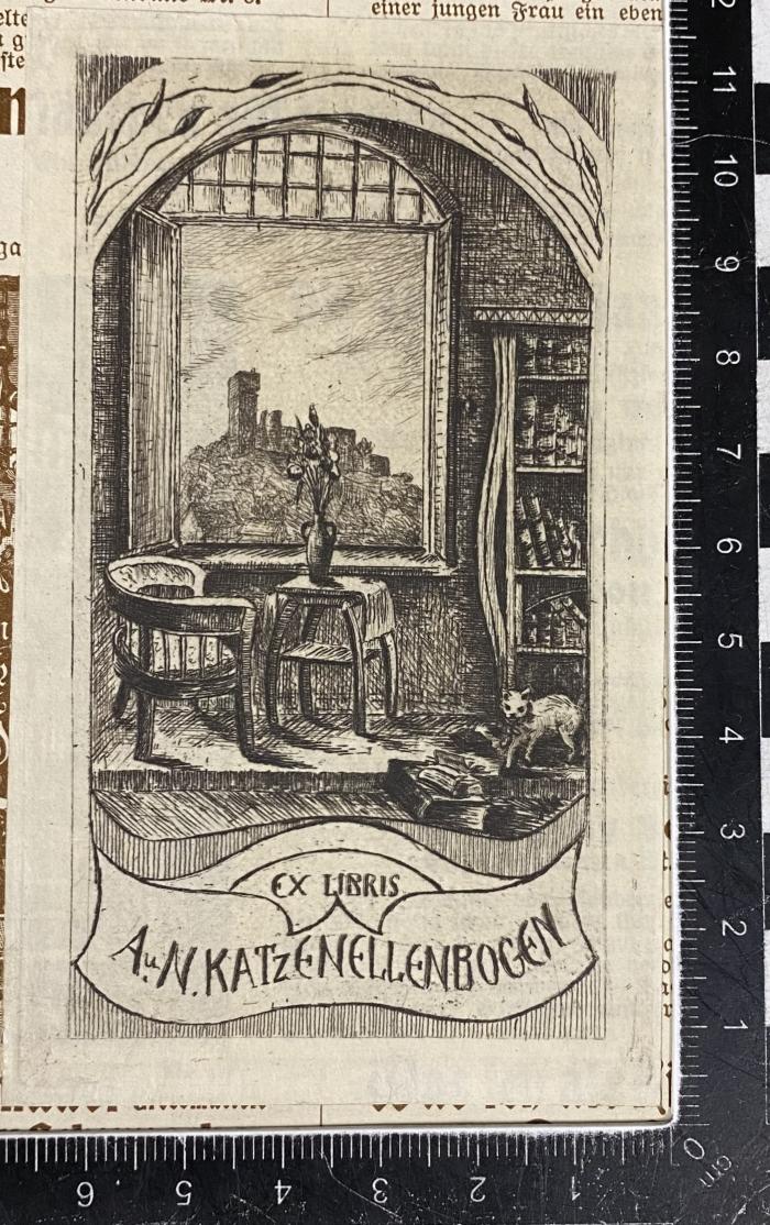 - (Katzenellenbogen, Albert;Katzenellenbogen, Cornelia (gen. Nelly)), Etikett: Exlibris; 'Ex Libris A. u. N. Katzenellenbogen'.  (Prototyp)