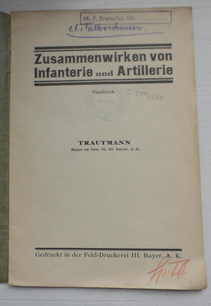 F 500.390  : Zusammenwirken von Infanterie und Artillerie (1932)