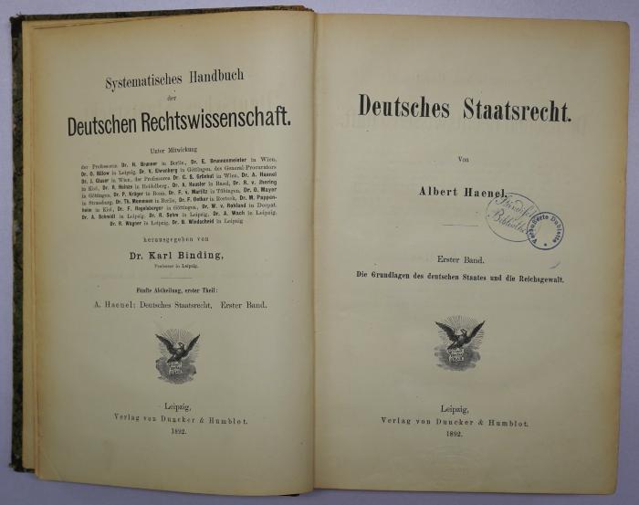 Bc 393-1 : Deutsches Staatsrecht. 1, Die Grundlagen des deutschen Staates und die Reichsgewalt (1892)