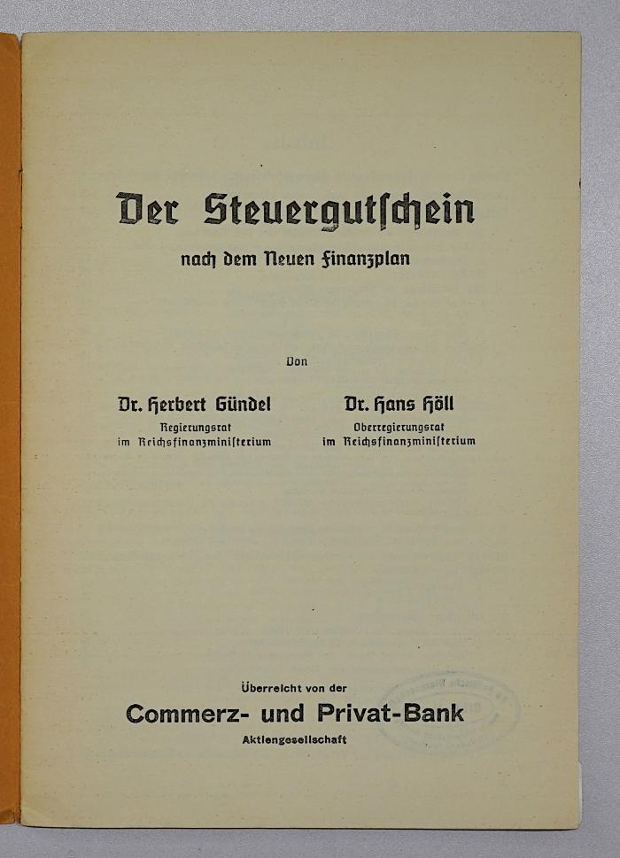 SA 1899 : Der Steuergutschein nach dem Neuen Finanzplan (1939)