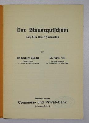 SA 1899 : Der Steuergutschein nach dem Neuen Finanzplan (1939)