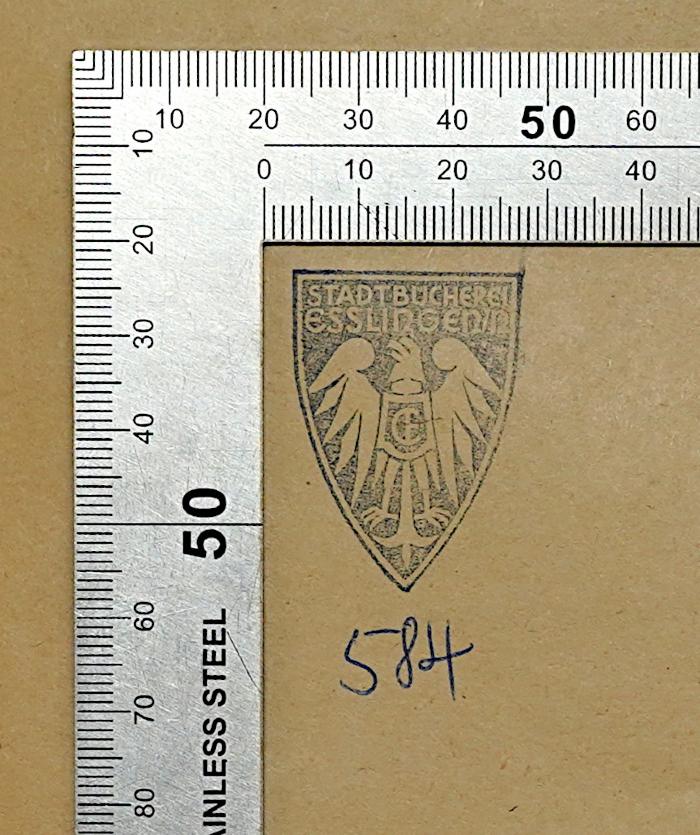 SA 2032 : The Kural In English (1942);- (Stadtbücherei Esslingen), Stempel: Berufsangabe/Titel/Branche, Ortsangabe, Name, Wappen; 'Stadtbücherei Esslingen 584'. 