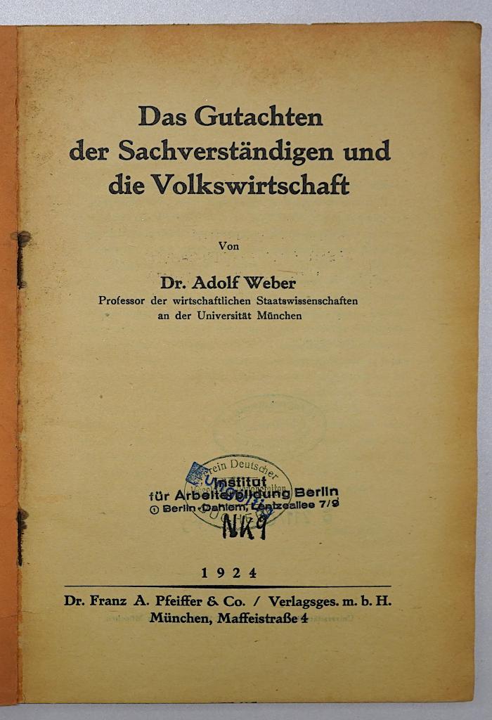 SA 155 : Das Gutachten der Sachverständigen und die Volkswirtschaft (1924)