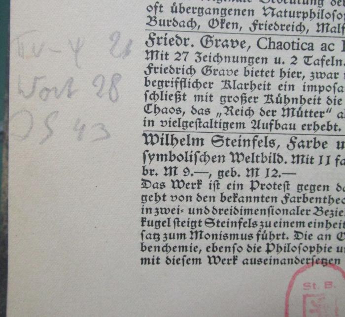 X 5756 Ers.: Paracelsus Volumen Paramirum (Von Krankheit und gesundem Leben) (1928);- (unbekannt), Von Hand: Annotation. 