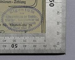 - (Centralverband der Handels-, Transport-, Verkehrsarbeiter und Arbeiterinnen Deutschlands), Stempel: Name, Berufsangabe/Titel/Branche, Ortsangabe; 'Eigentum des Centralverbandes der Handels-, Transport-, Verkehrsarbeiter und Arbeiterinnen Deutschlands Engel Ufer 15.'.  (Prototyp)