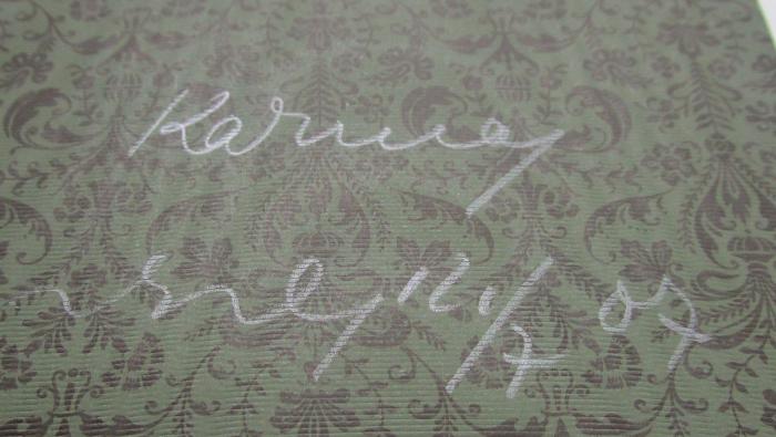 III 41405 g: Durch's Ohr : Lustspiel (1901);- (Karney[?], [?]), Von Hand: Autogramm, Name, Datum; 'Karney
[...] 14/7 07'. 