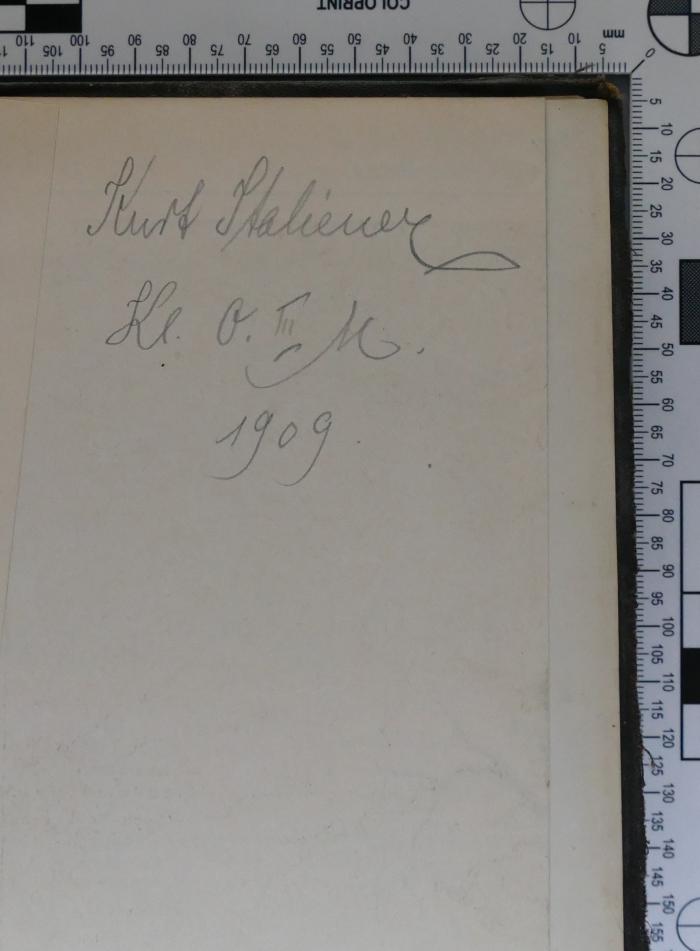 - (Italiener, Kurt), Von Hand: Exlibris, Notiz, Notiz; 'Kurt Italiener 
Kl. O. III M.  
1909'. 