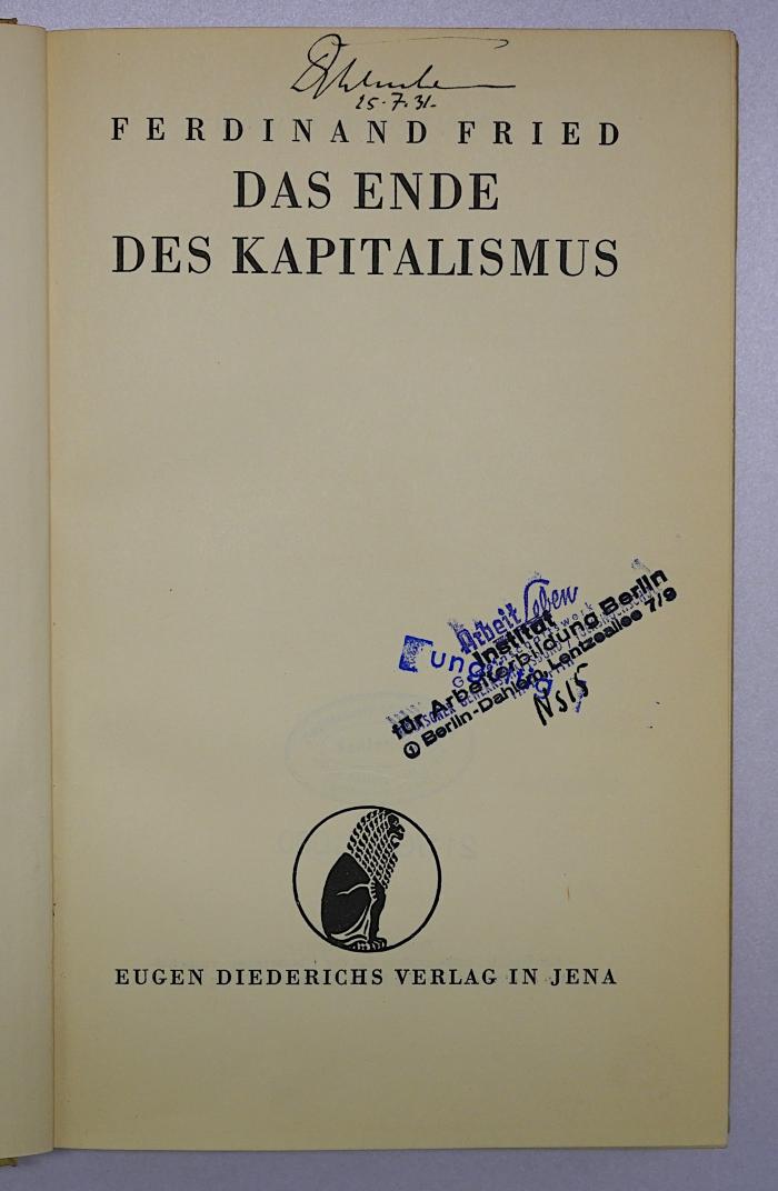 SA 220 : Das Ende des Kapitalismus (1931)