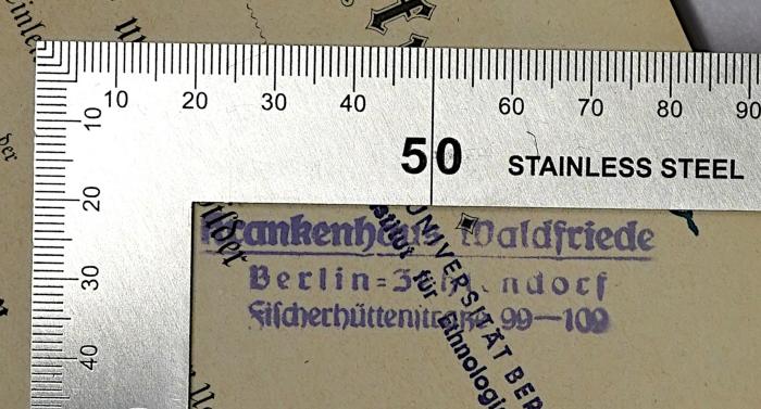 IV 2631 (Lesesaal) : Süd-Afrika (1873);- (Krankenhaus Waldfriede), Stempel: Berufsangabe/Titel/Branche, Name, Ortsangabe; 'Krankenhaus Waldfriede, Berlin-Zehlendorf, Fischerhüttenstraße 99-100'.  (Prototyp)