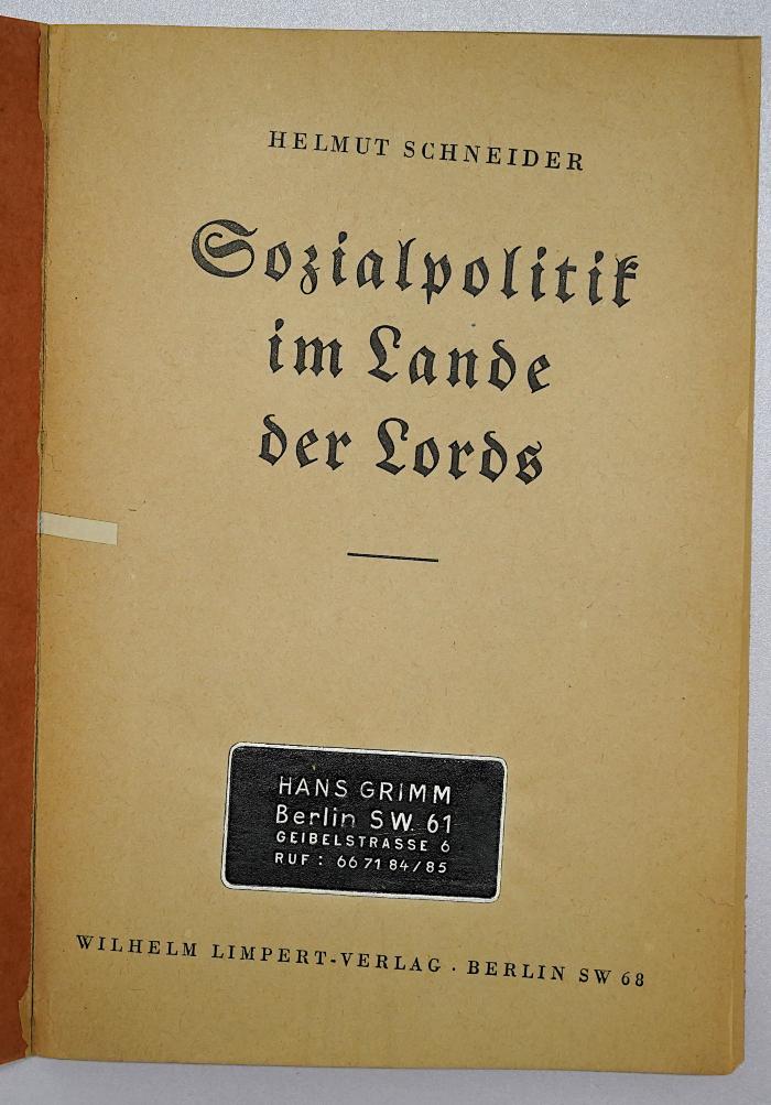 SH 1704 : Sozialpolitik im Lande der Lords (1940)