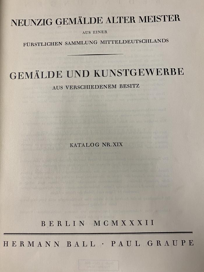 Q 00/2214 : Neunzig Gemälde alter Meister aus einer fürstlichen Sammlung Mitteldeutschlands (1932)