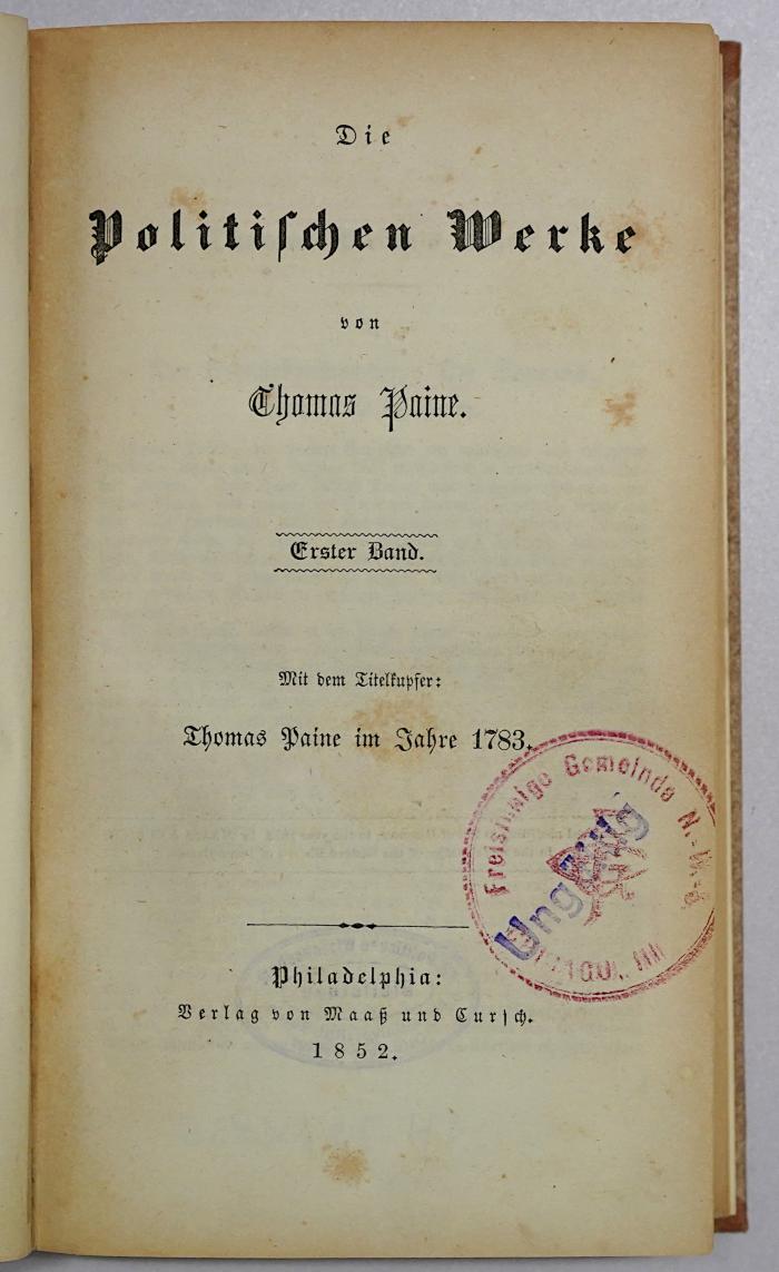SH 1835-1 : Die politischen Werke von Thomas Paine. 1 (1852)