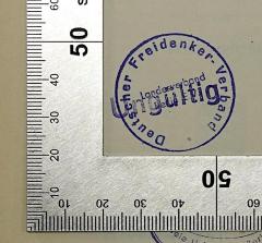 - (Deutscher Freidenker-Verband e. V. ), Stempel: Berufsangabe/Titel/Branche, Name, Ortsangabe; 'Deutscher Freidenker-Verband Landesverband Berlin E. V.'.  (Prototyp)