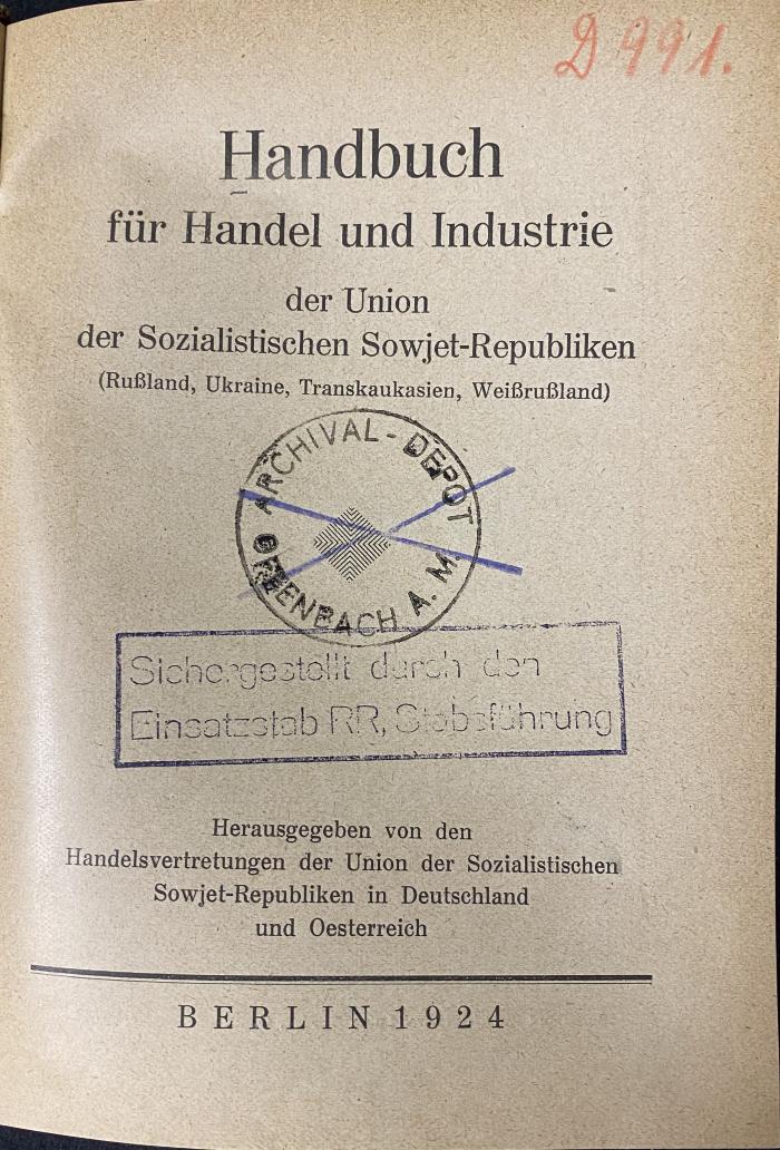 00/11973 : Handbuch für Handel und Industrie der Union der Sozialistischen Sowjet-Republiken (Russland, Ukraine, Transkaukasien, Weissrussland) (1924)