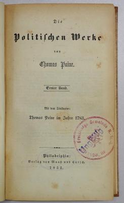 SH 1835-1 : Die politischen Werke von Thomas Paine. 1 (1852)