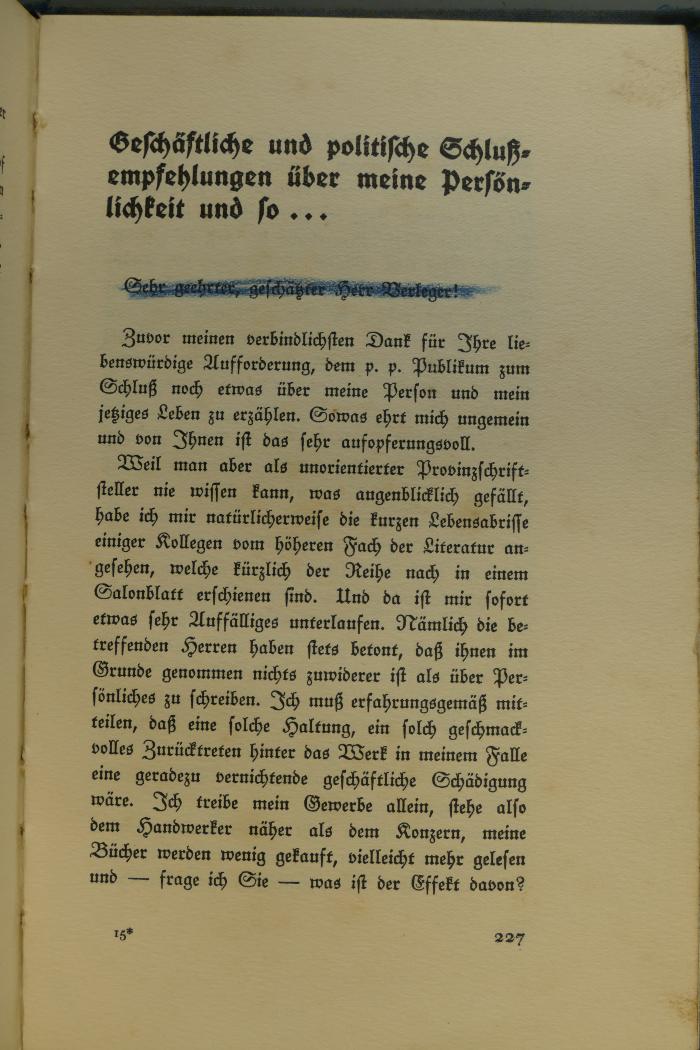 - (Graf, Oskar Maria), Von Hand: Notiz; 'Durchstreichungen im Text und Kommentare'. 