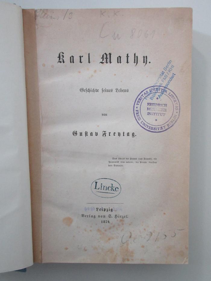 Oc 9155 (ausgesondert) : Karl Mathy : Geschichte seines Lebens. (1870)