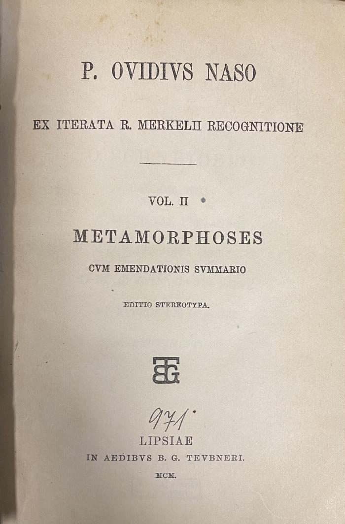00/20574 : Metamorphoses: cum emendationis summario (1900)