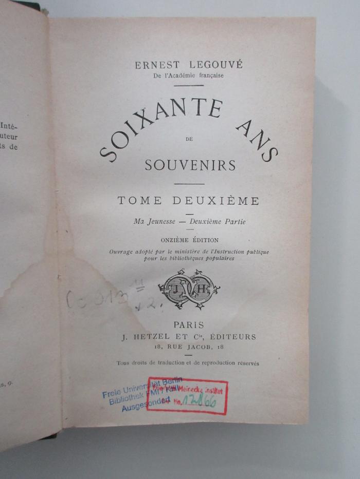 Oc 913 (ausgesondert) : Soixante ans de souvenirs (ca. 1888)