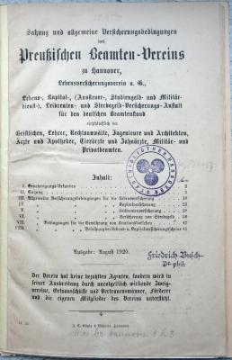 Kps J 4466 : Satzung und allgemeine Versicherungsbedingungen des Preußischen Beamten-vereins zu Hannover, Lebensversicherungsverein […] Ausgabe: August 1920. (1920)