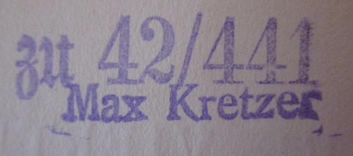 G46 / 2913 (Berliner Stadtbibliothek), Stempel: Inventar-/ Zugangsnummer; 'zu 42/441'.  (Prototyp);G46 / 2913 (Kretzer, Max), Stempel: Name; 'Max Kretzer'.  (Prototyp);IV 3370: Katalog der vierten Kunstausstellung der Berliner Secession. Zeichnende Künste. (1901)