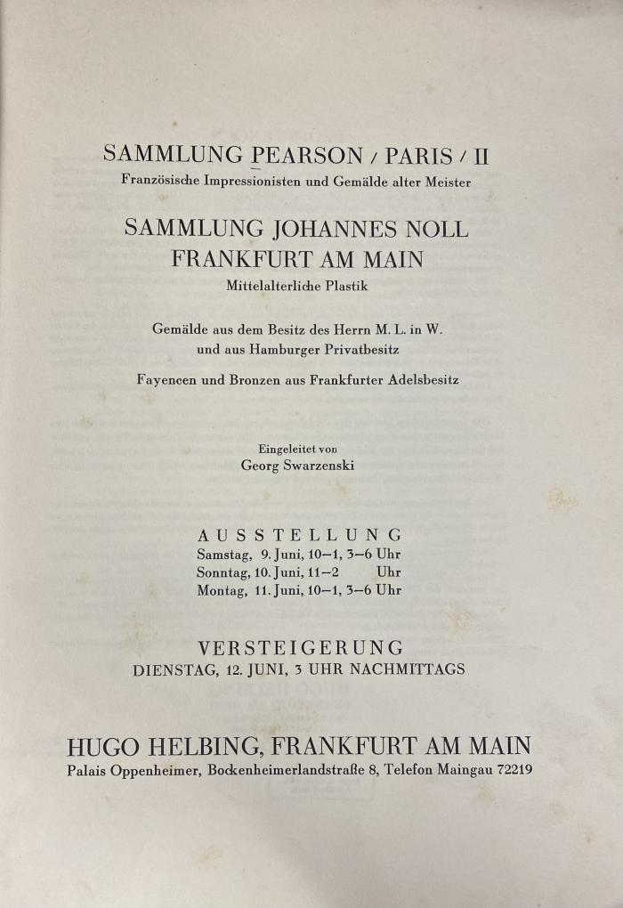 Q 00/2389 : Sammlung Pearson, Paris, II, französische Impressionisten und Gemälde alter Meister, Versteigerung 12. Juni 1928 (1928)