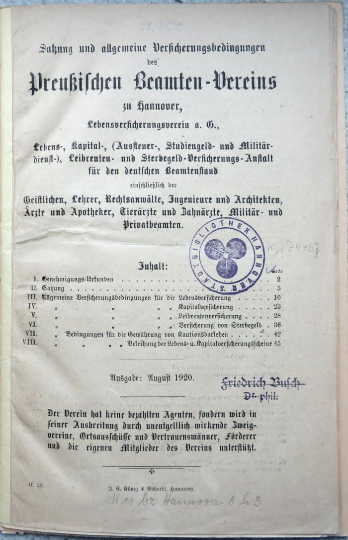 Kps J 4466 : Satzung und allgemeine Versicherungsbedingungen des Preußischen Beamten-vereins zu Hannover, Lebensversicherungsverein […] Ausgabe: August 1920. (1920)