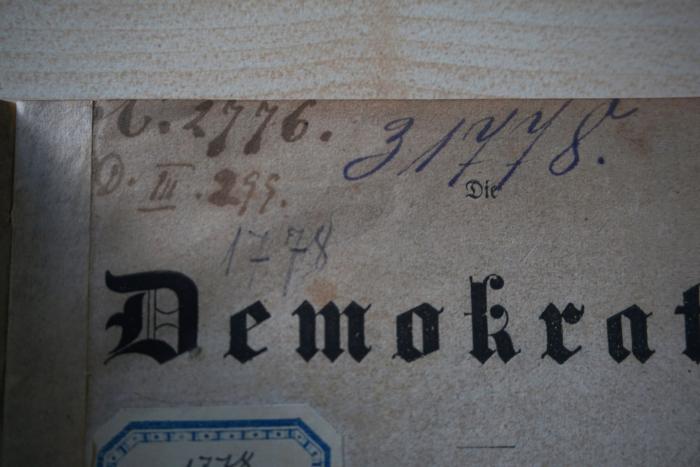 - (Bibliothek der Sozialdemokratischen Partei), Von Hand: Signatur; '1778'. 