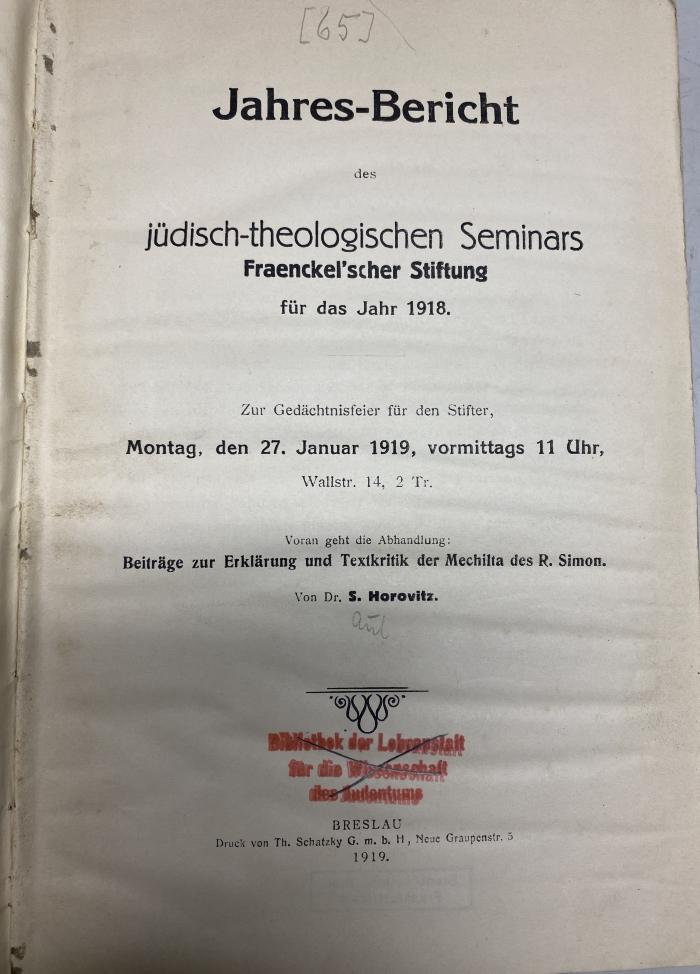 00/19621 Nr. 1-3 : Beiträge zur Erklärung und Textkritik der Mechilta des R. Simo (1919)